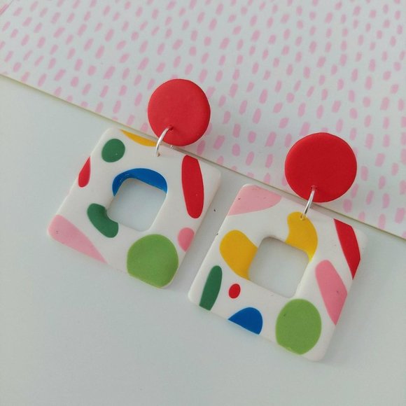Abstract Square Stud Earrings Colourful - Picture 2 of 3